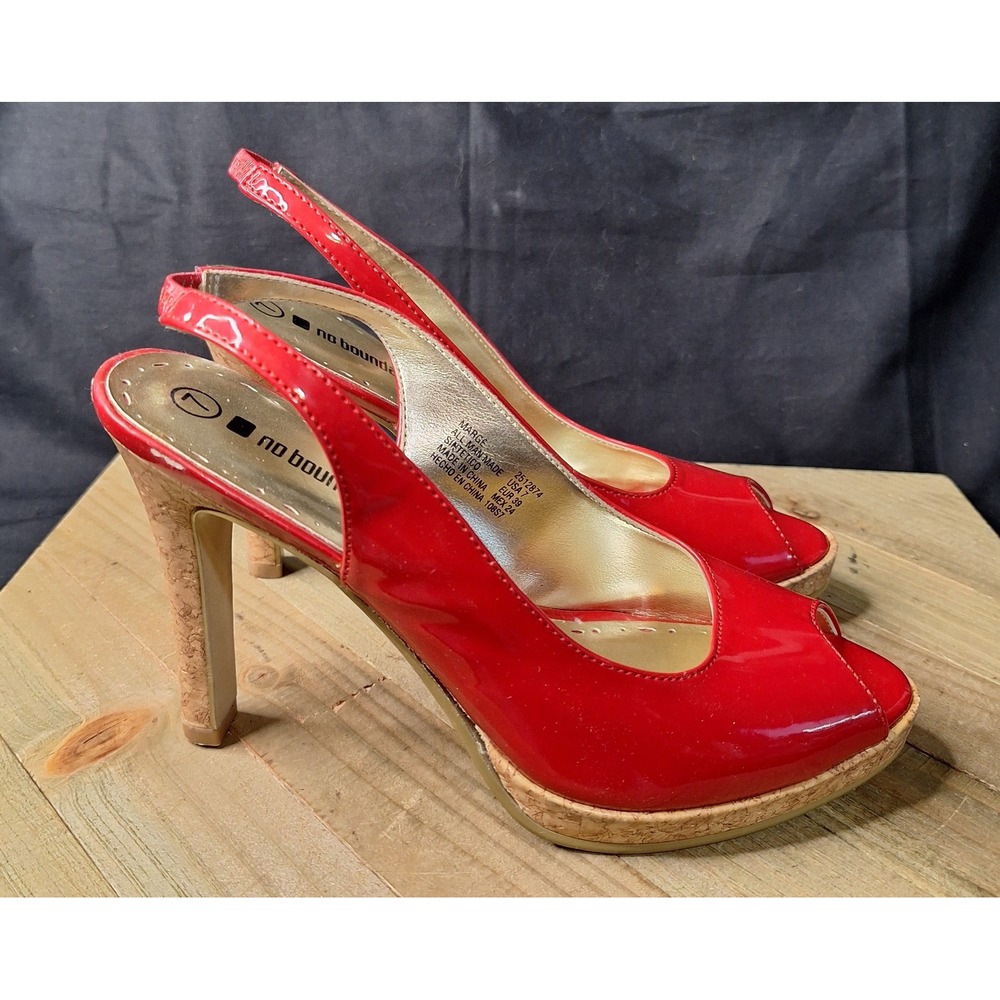 No Boundaries Marge Red Patent Peep Toe Slingback Cork Platform Heels Womens 7 - Picture 5 of 16